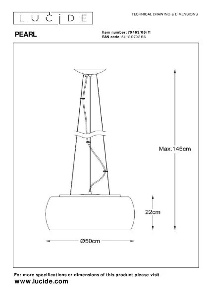 Lucide PEARL - Hanglamp - Ø 50 cm - 6xG9 - Chroom - technisch